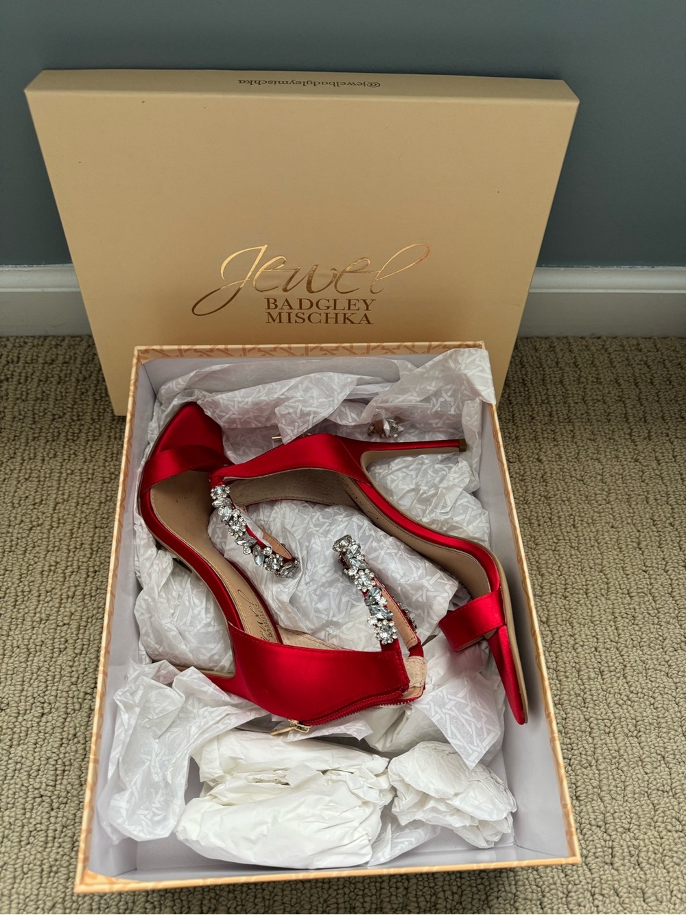Badgley Mischka Red Satin Crystal-Ankle Strap Stilettos - Picture 3 of 6